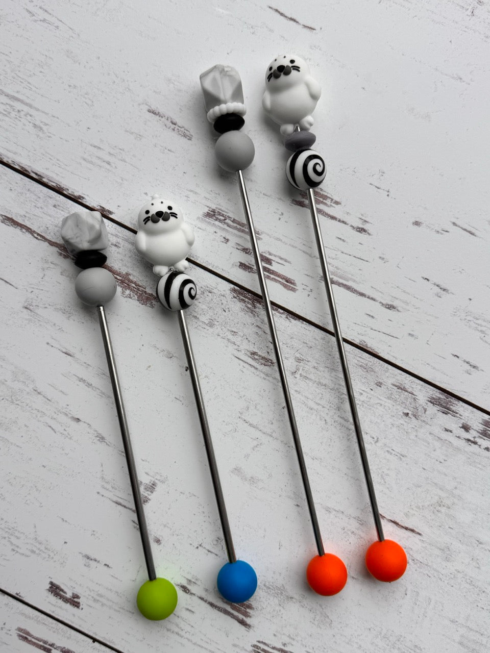 Pair of White Seal Amigurumi Sewing Sticks