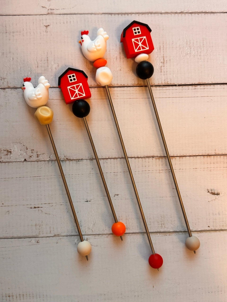 Pair of Chicken and Coop Amigurumi Sewing Sticks