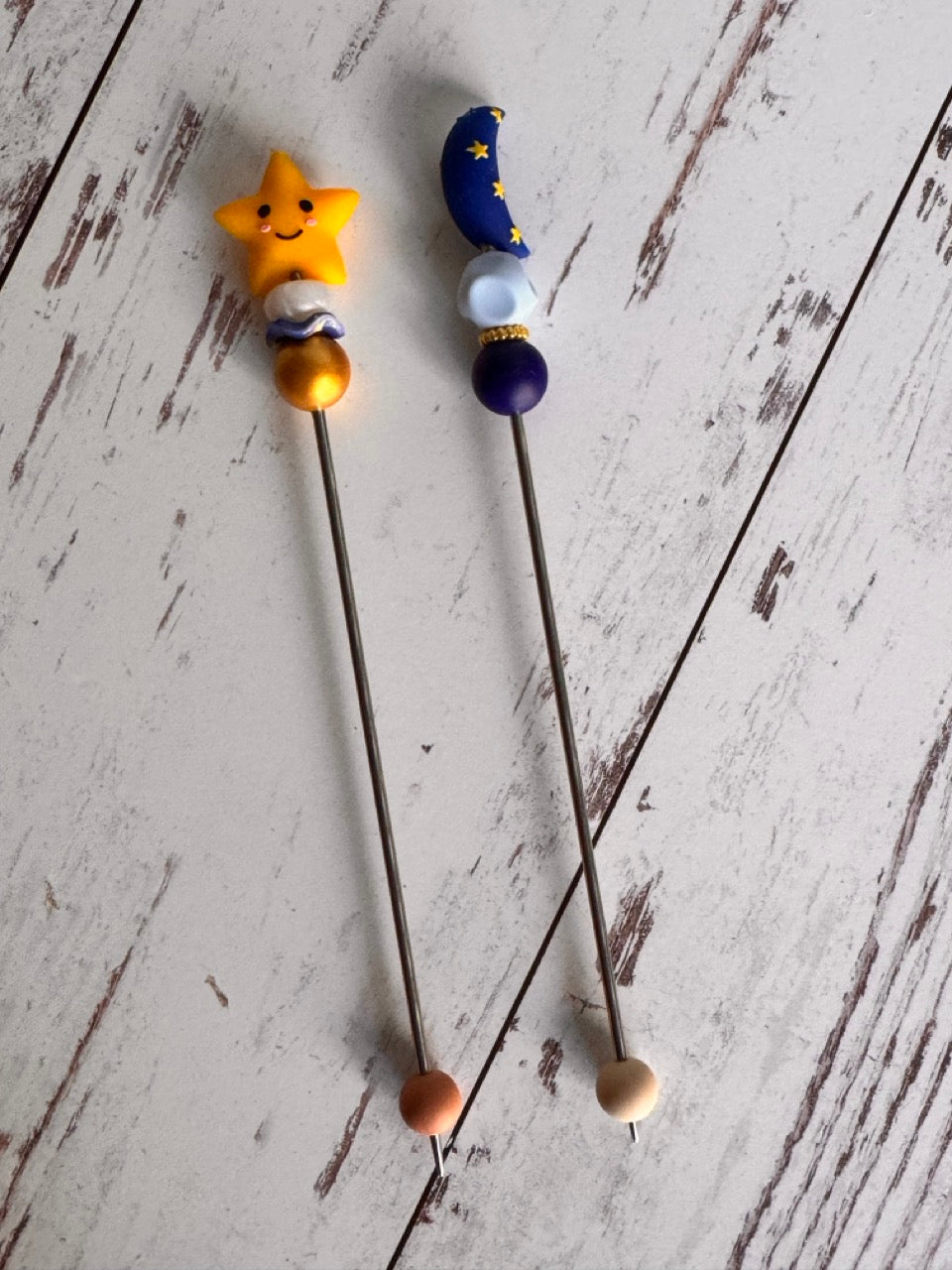 Pair of Star and Moon Celestial Night Sky Amigurumi Sewing Sticks