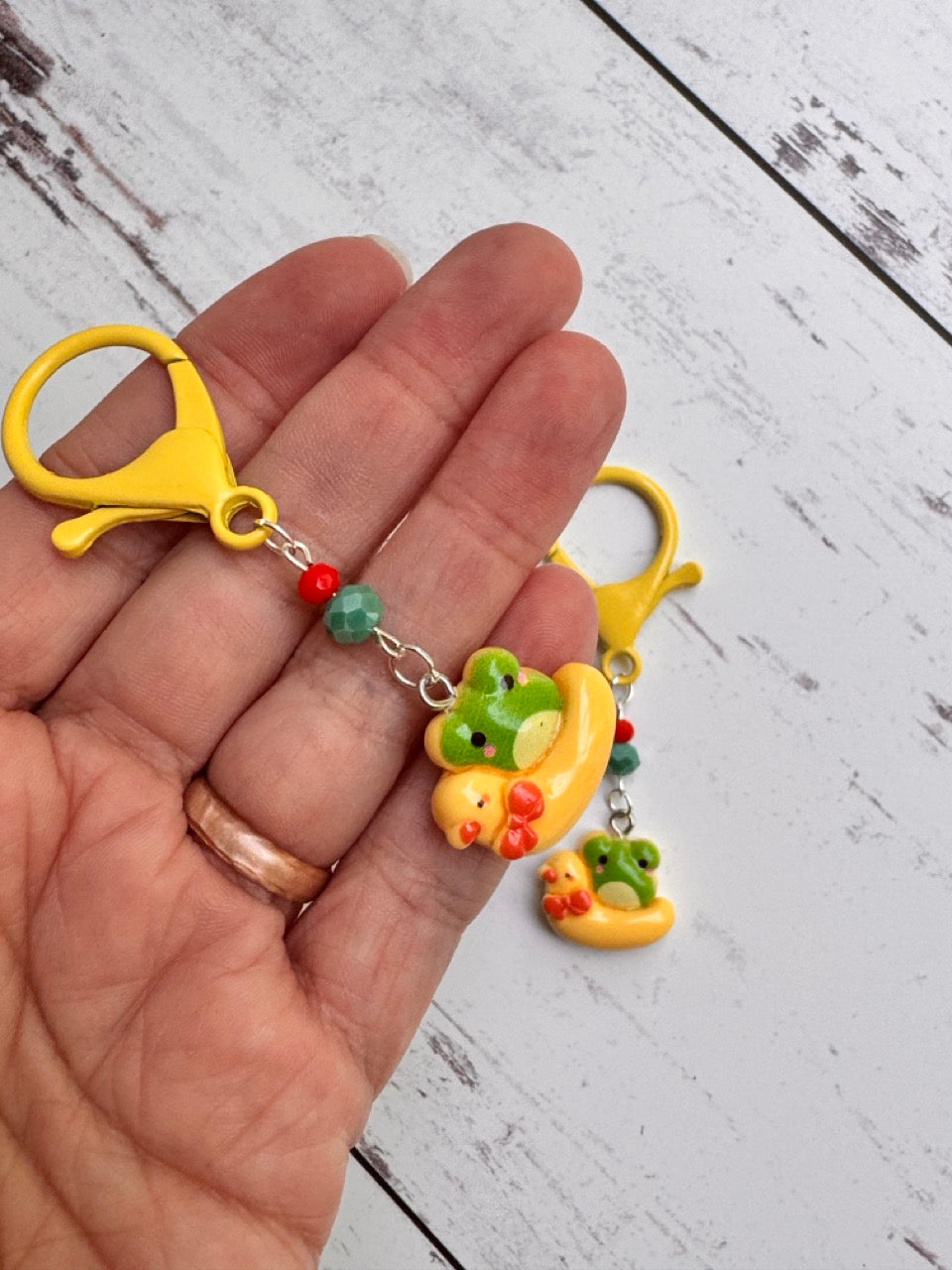 Green Frog in Yellow Duck Pool Float Single Stitch Marker