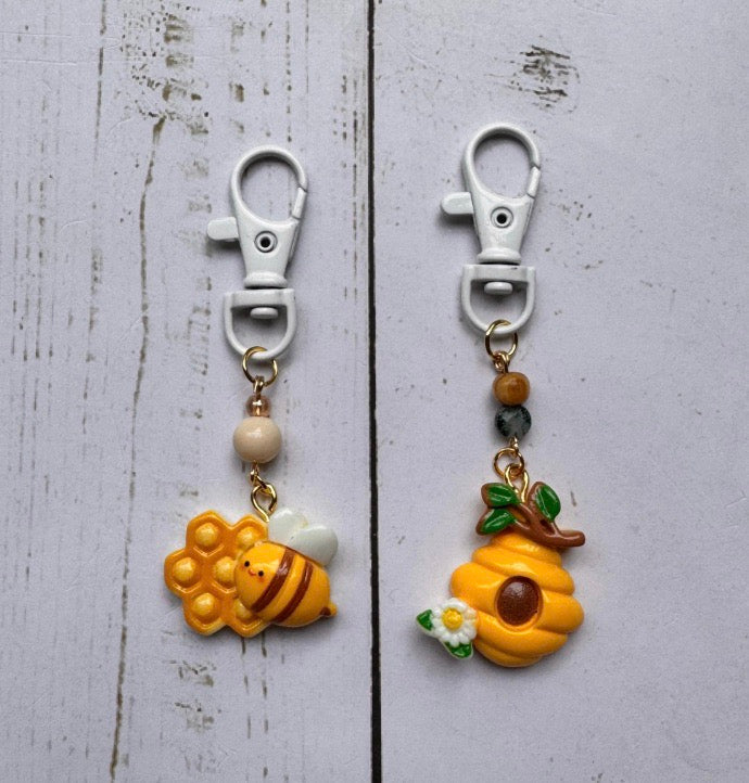 Cute Bee with Honeycomb and Beehive Design Pair of Stitch Markers