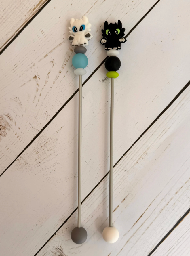 Pair of Black and White Dragon Amigurumi Sewing Sticks