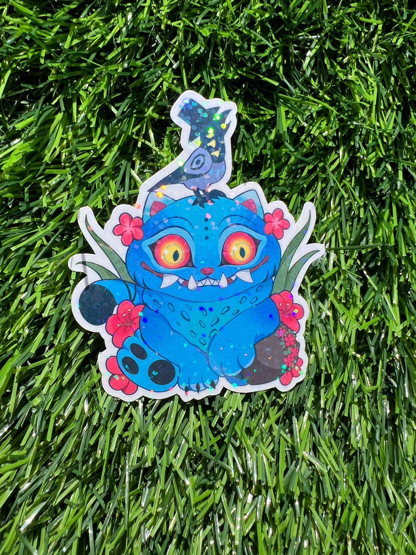 Silly Blue K-Pop Cat & Magpie Sticker