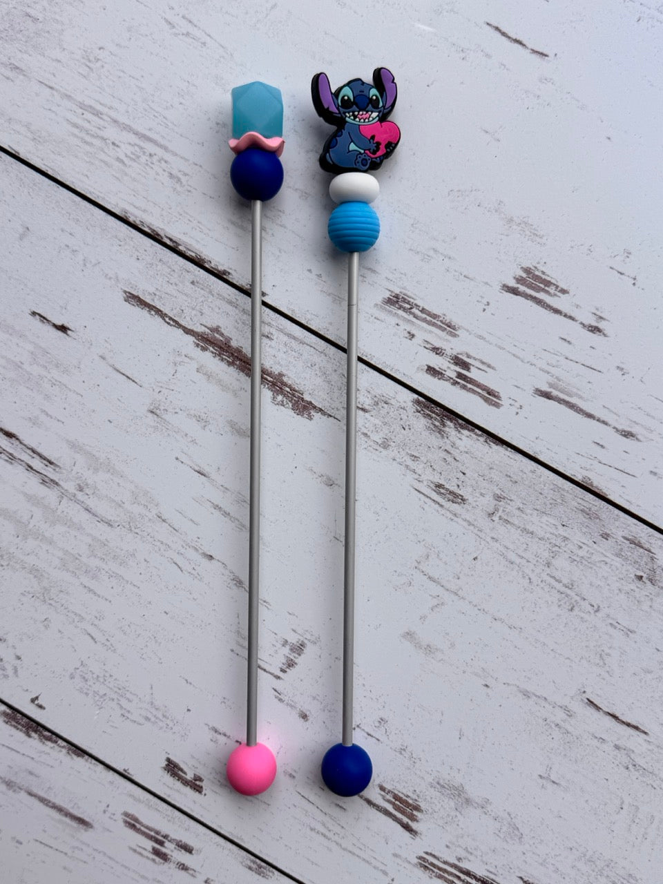 Blue Alien Holding a Heart Pair of Amigurumi Sewing Sticks