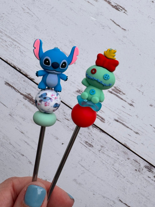 3D Blue Alien and Patchwork Doll Pair of Amigurumi Sewing Sticks