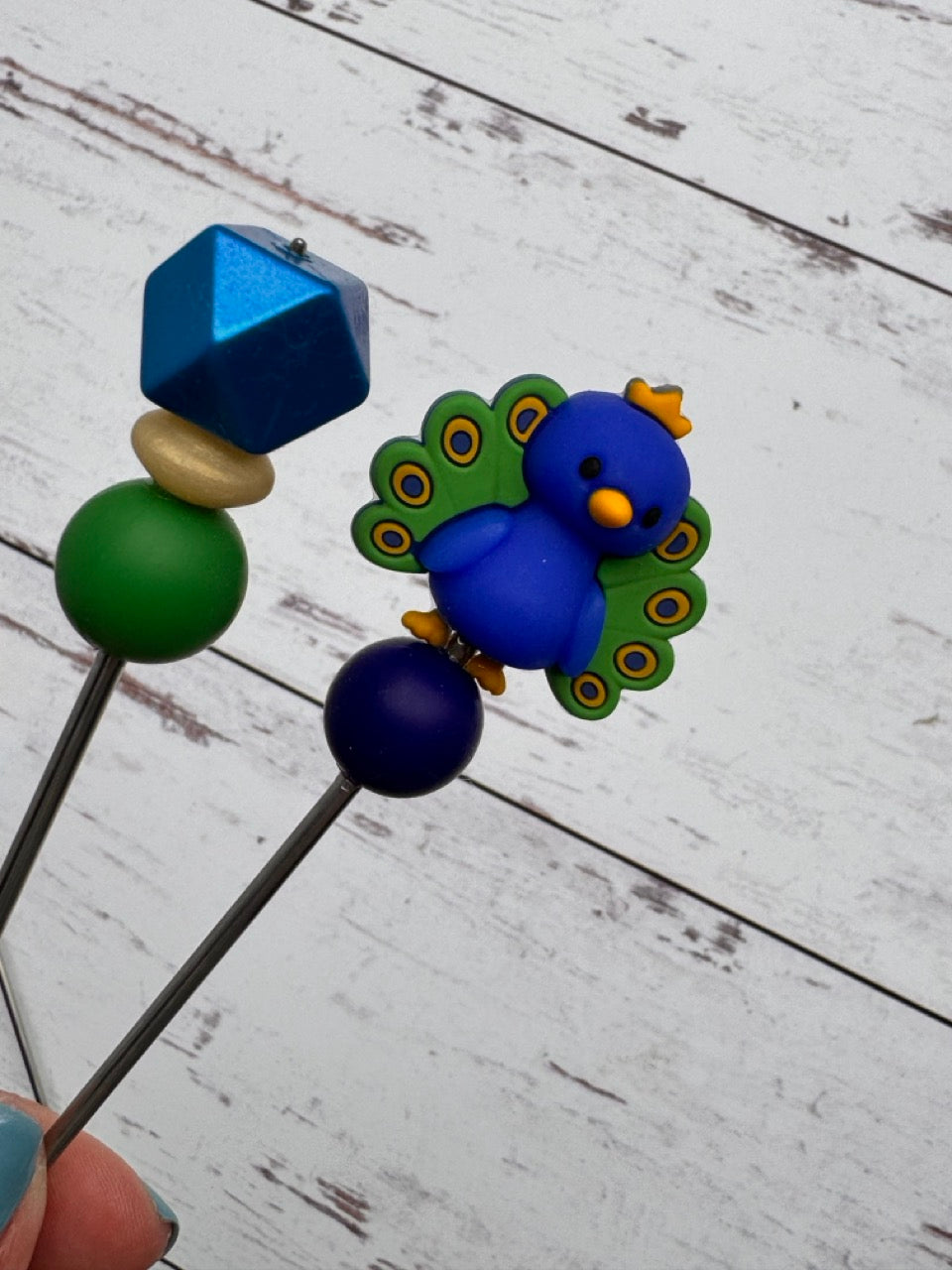 Pair of 3D Blue Peacock Amigurumi Sewing Sticks
