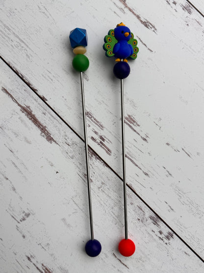Pair of 3D Blue Peacock Amigurumi Sewing Sticks