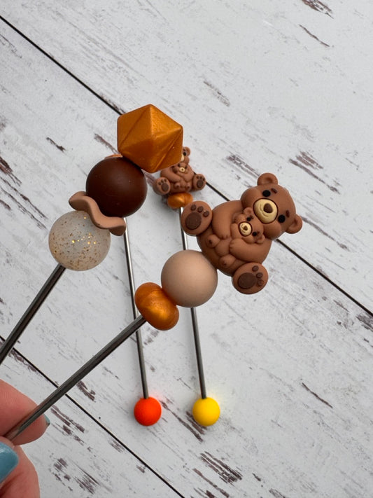 Pair of Brown Mama Bear and Baby Amigurumi Sewing Sticks