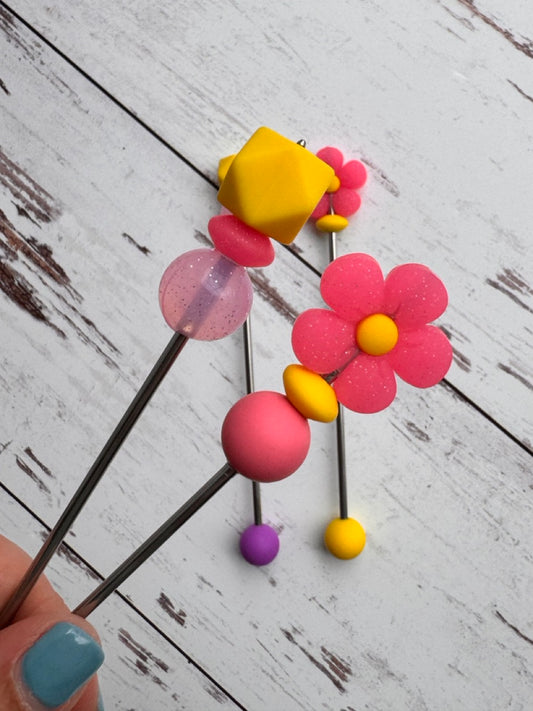 Pair of Pink Flower Amigurumi Sewing Sticks