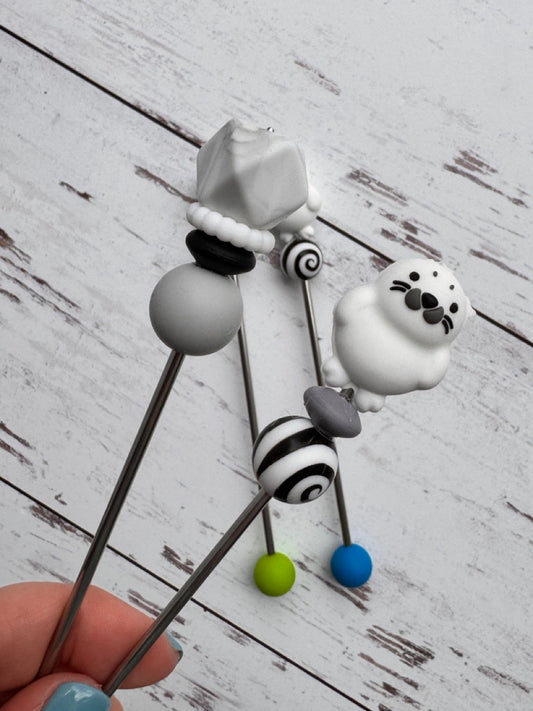 Pair of White Seal Amigurumi Sewing Sticks