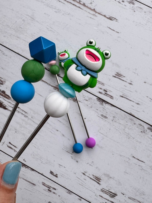 Silly Happy Green Frog Pair of Amigurumi Sewing Sticks