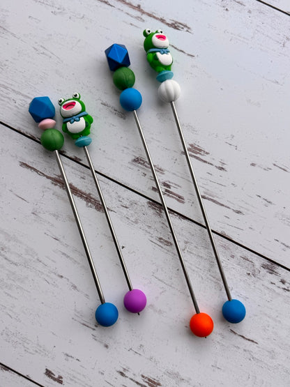Silly Happy Green Frog Pair of Amigurumi Sewing Sticks