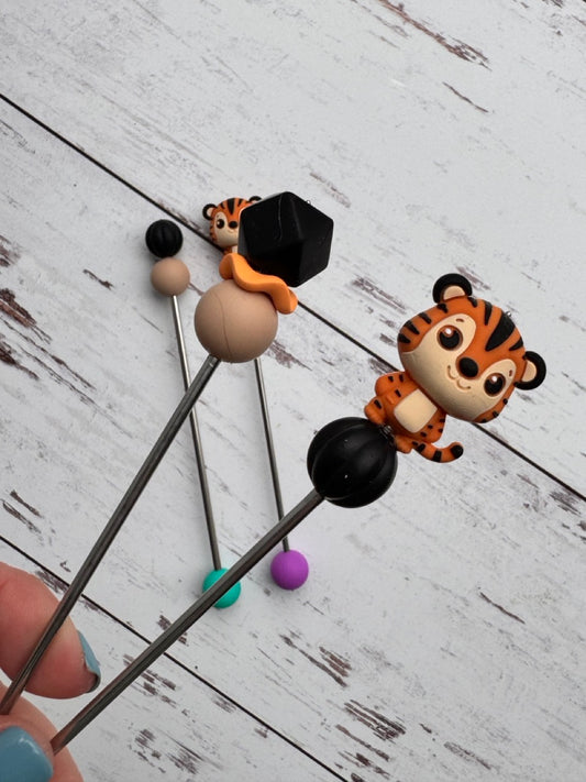 Pair of Orange and Black Tiger Amigurumi Sewing Sticks