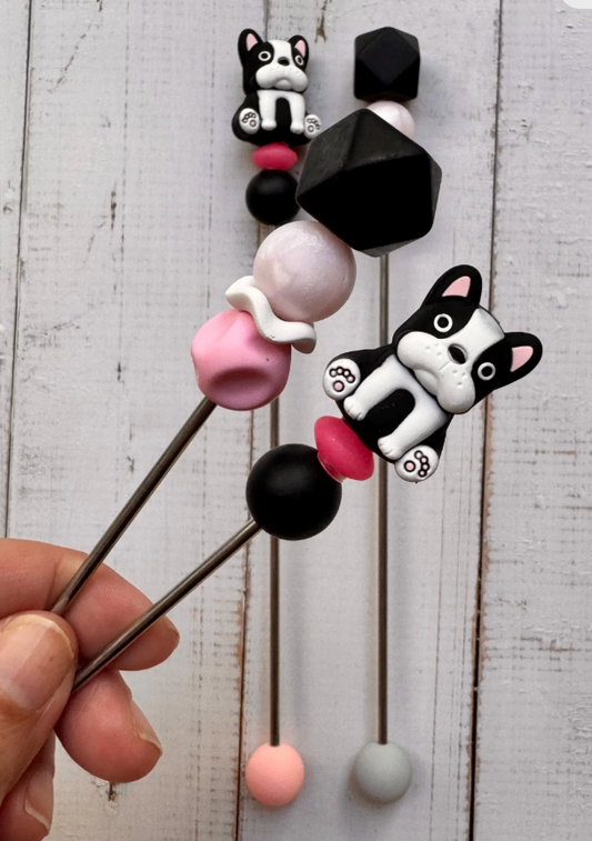 Pair of Black & White Bulldog Dog Amigurumi Sewing Sticks