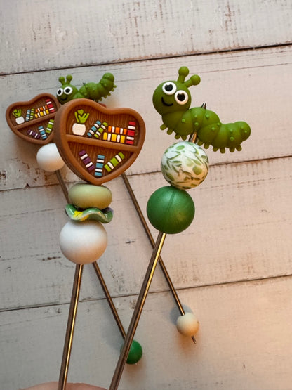 Pair of Bookworm and Bookshelf Amigurumi Sewing Sticks