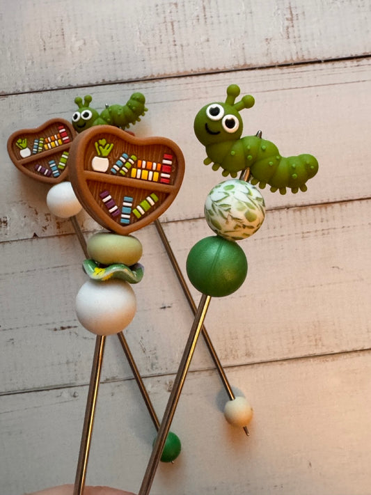 Pair of Bookworm and Bookshelf Amigurumi Sewing Sticks
