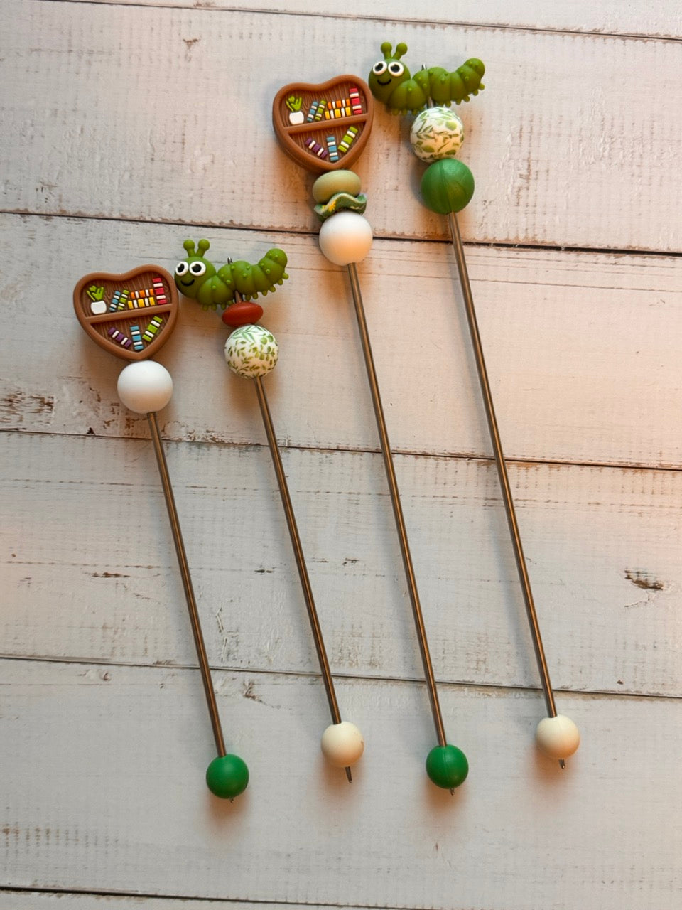 Pair of Bookworm and Bookshelf Amigurumi Sewing Sticks