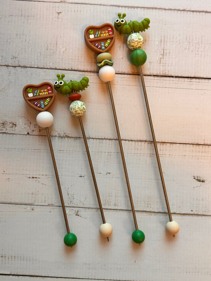 Pair of Bookworm and Bookshelf Amigurumi Sewing Sticks