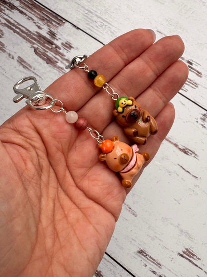 Capybara with Fruit and Turtle in Resin Pair of Stitch Markers