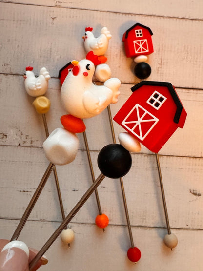 Pair of Chicken and Coop Amigurumi Sewing Sticks