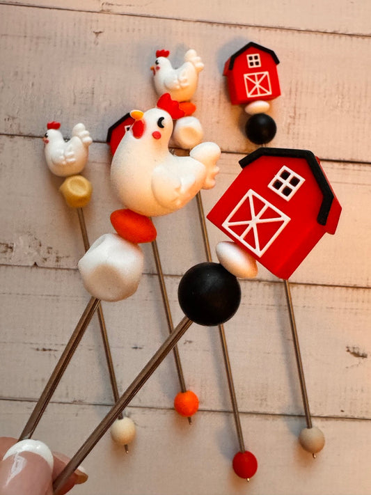 Pair of Chicken and Coop Amigurumi Sewing Sticks