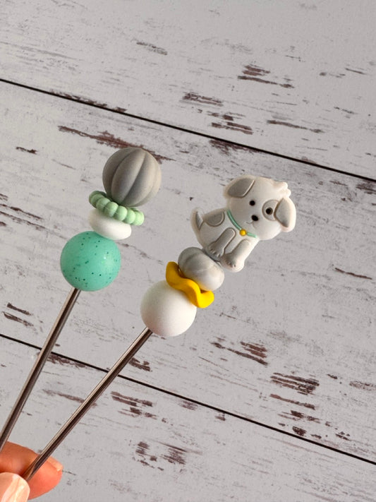 White Dog Puppy Pair of Amigurumi Sewing Sticks