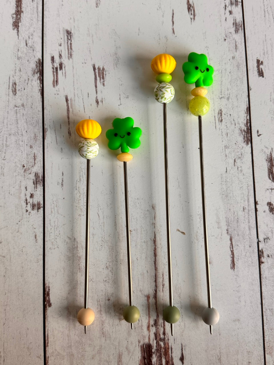 Pair of Green Lucky Shamrock Clover Amigurumi Sewing Sticks