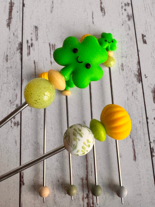 Pair of Green Lucky Shamrock Clover Amigurumi Sewing Sticks