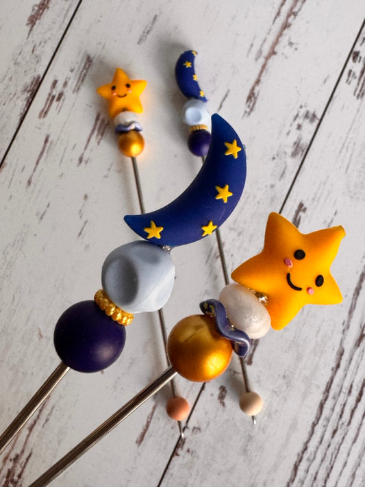Pair of Star and Moon Celestial Night Sky Amigurumi Sewing Sticks