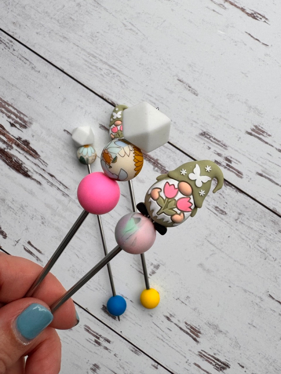 Pair of Green Gnome with Tulips Amigurumi Sewing Sticks