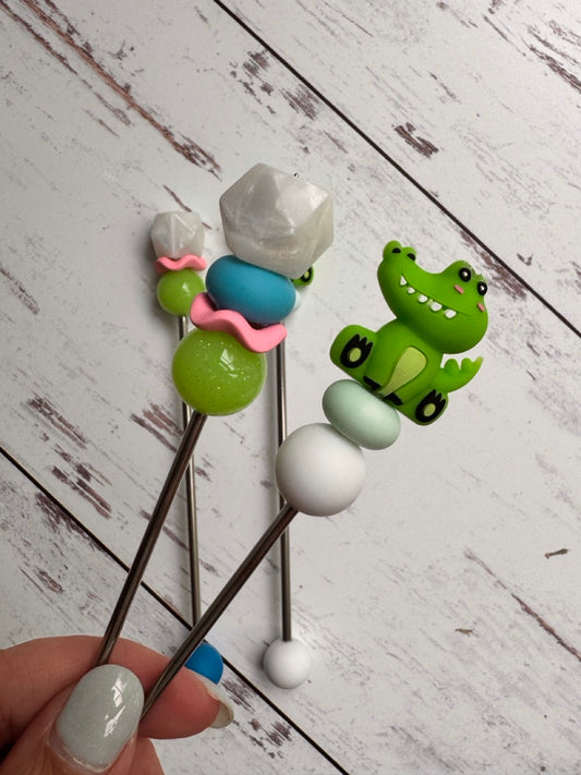 Green Alligator Crocodile Pair of Amigurumi Sewing Sticks