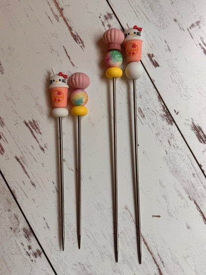 Pair of Cute Kitty Drink Amigurumi Sewing Sticks