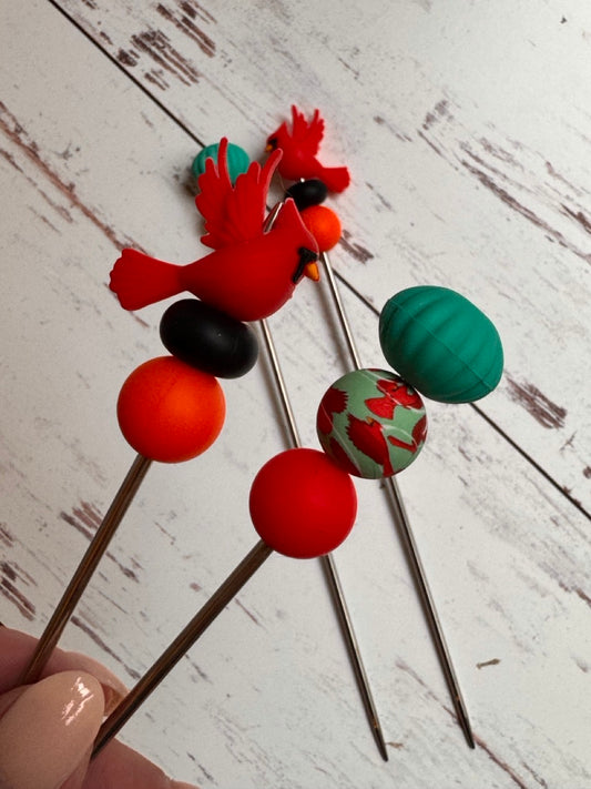 Pair of Cardinal Red Bird Amigurumi Sewing Sticks