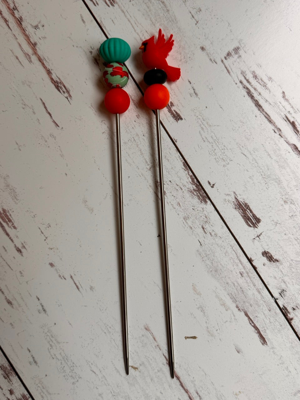 Pair of Cardinal Red Bird Amigurumi Sewing Sticks