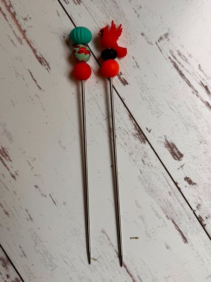 Pair of Cardinal Red Bird Amigurumi Sewing Sticks