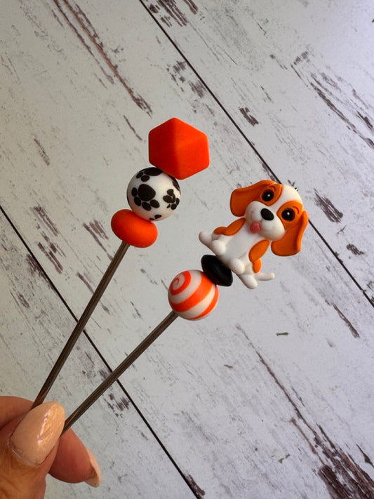 Pair of Orange and White Beagle Hound Dog Amigurumi Sewing Sticks
