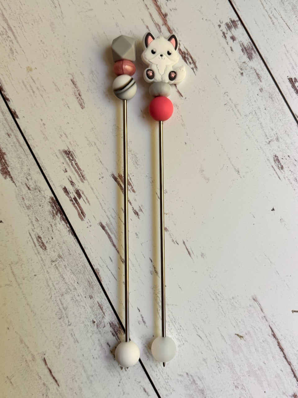 Pair of White Arctic Fox Wolf Amigurumi Sewing Sticks