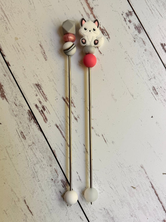 Pair of White Arctic Fox Wolf Amigurumi Sewing Sticks