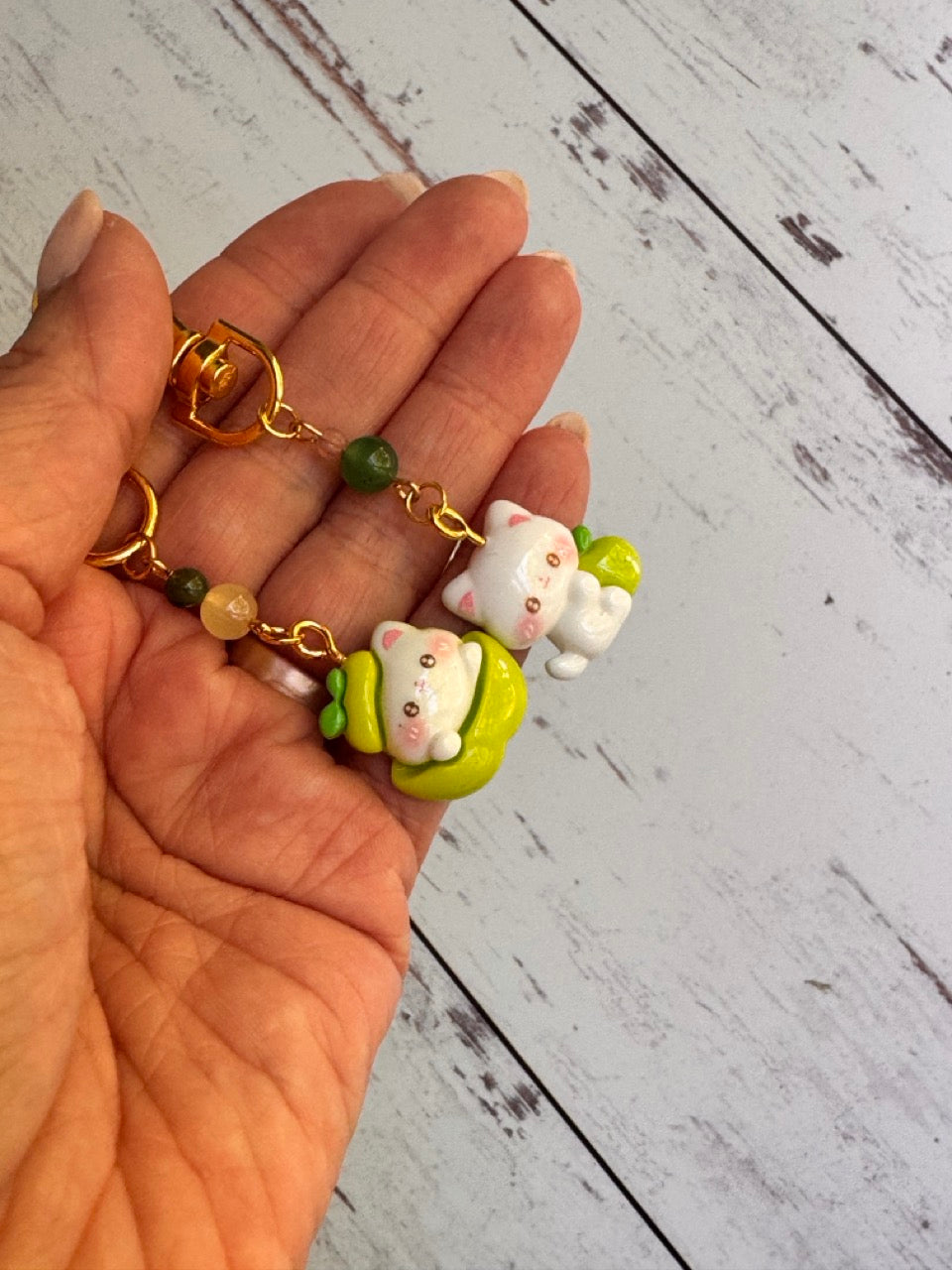 White Kitty with a Green Apple Resin Pair of Stitch Markers