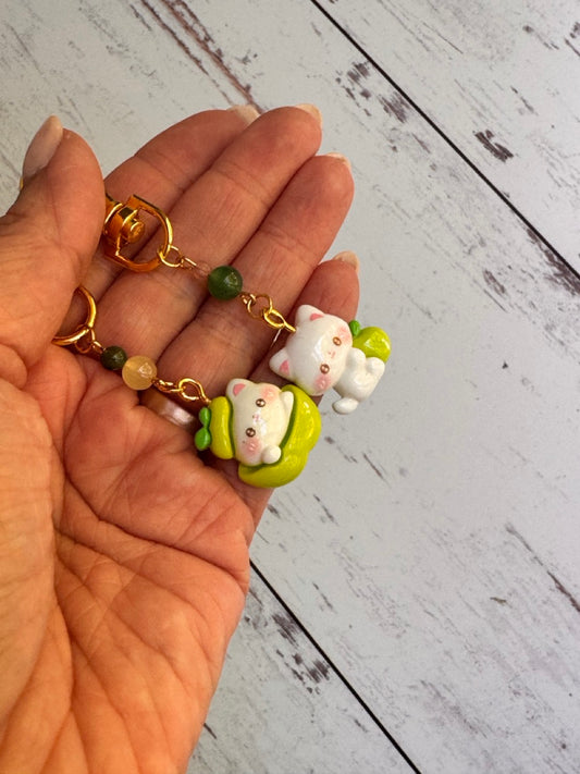 White Kitty with a Green Apple Resin Pair of Stitch Markers