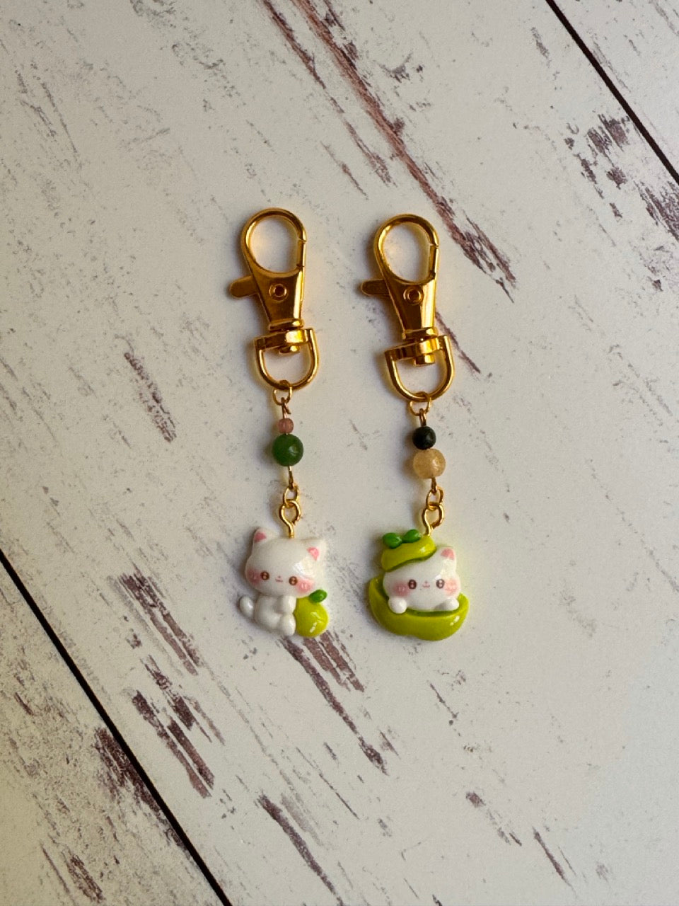 White Kitty with a Green Apple Resin Pair of Stitch Markers