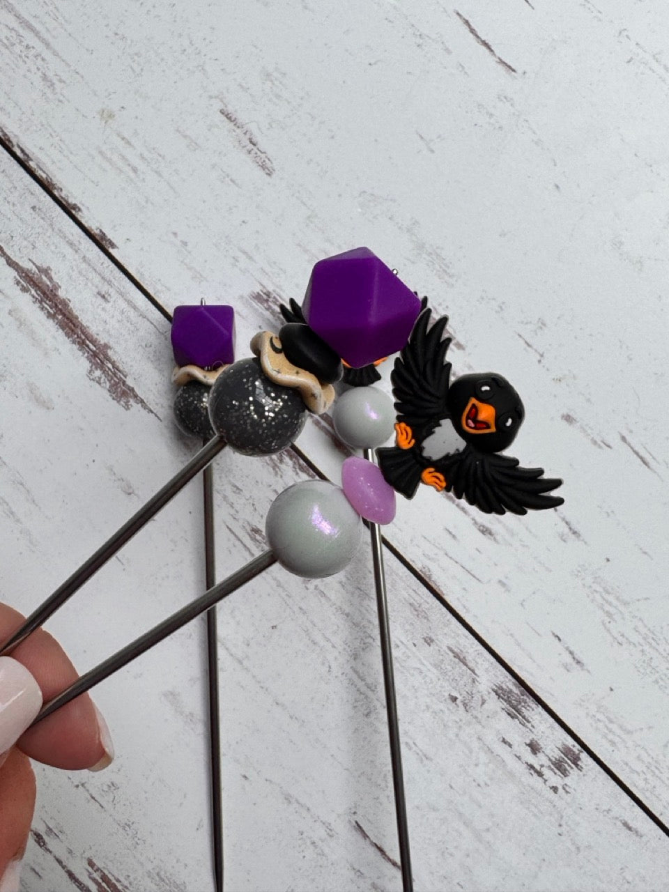Pair of Black Bird Amigurumi Sewing Sticks