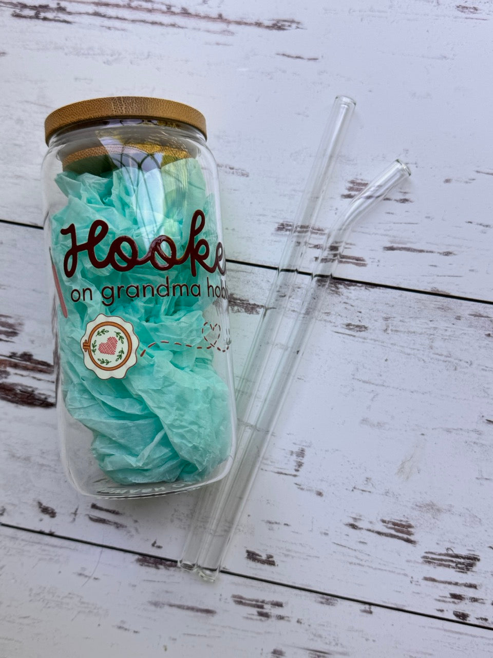 EXCLUSIVE Hooked on Grandma Hobbies Glass Tumbler & Straws