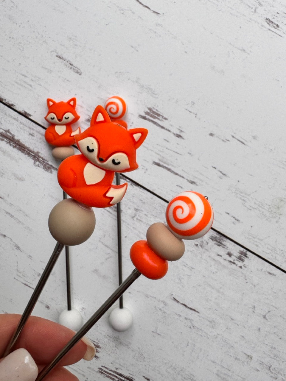 Sleepy Orange Fox Pair of Amigurumi Sewing Sticks