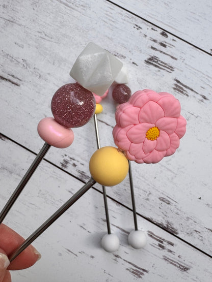 Pink Flower Pair of Amigurumi Sewing Sticks