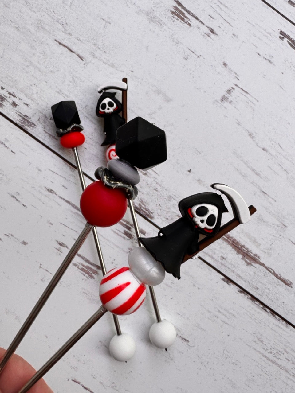 Spooky Cute Grim Reaper Pair of Amigurumi Sewing Sticks