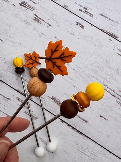 Autumn Golden Falling Leaf Pair of Amigurumi Sewing Sticks