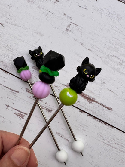 Cute 3D Black Cat Pair of Amigurumi Sewing Sticks
