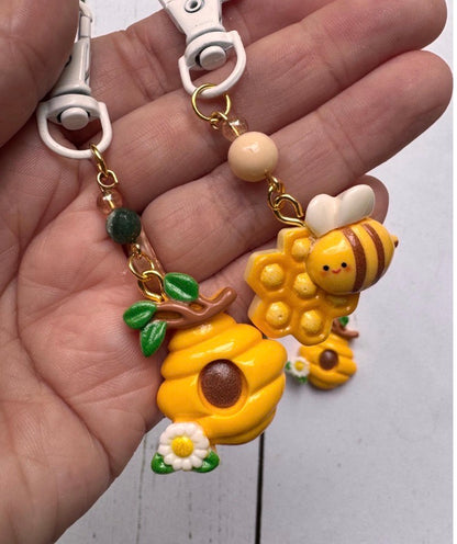 Cute Bee with Honeycomb and Beehive Design Pair of Stitch Markers