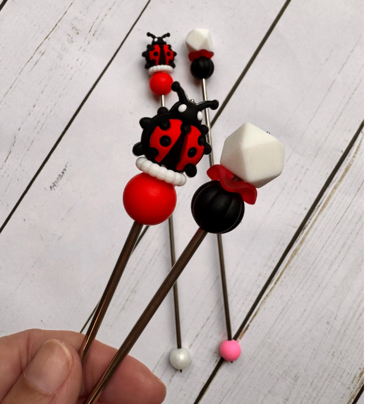 Cute Red Ladybug Pair of Amigurumi Sewing Sticks
